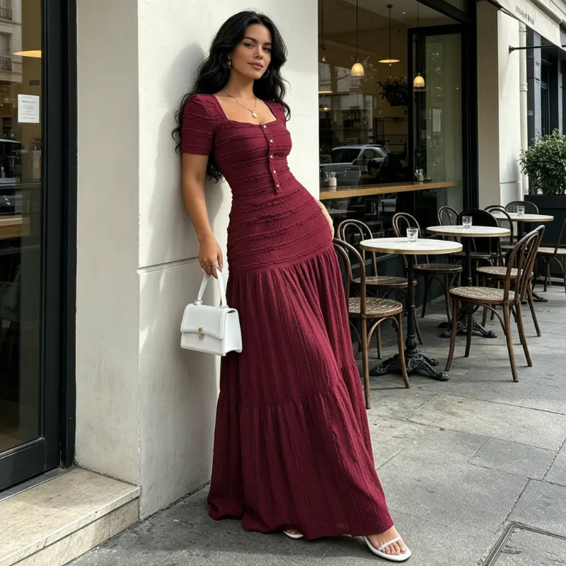 👗 LIMITED-TIME 49% OFF! ✨ Women's Square Neck Dress Set – Crinkled Fabric, Tiered Skirt, Elegant 🍷