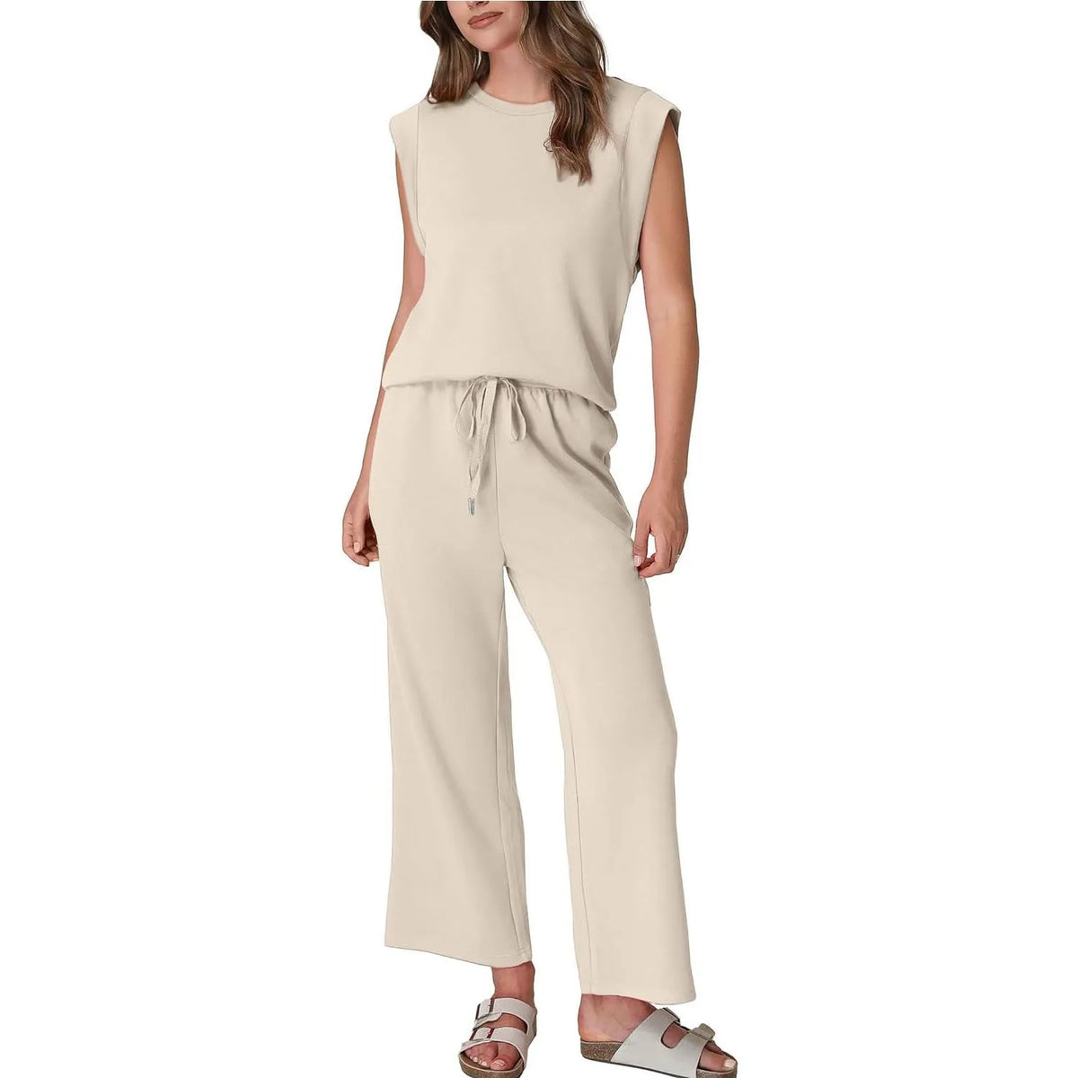 Women's Cap Sleeve Round Neck Lounge Set with Wide Leg Crop Pants