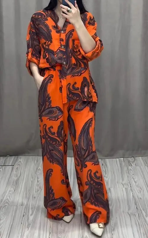 Casual V-neck Printed Shirt and Pants Suit (Buy 2 Sets Free Shipping)