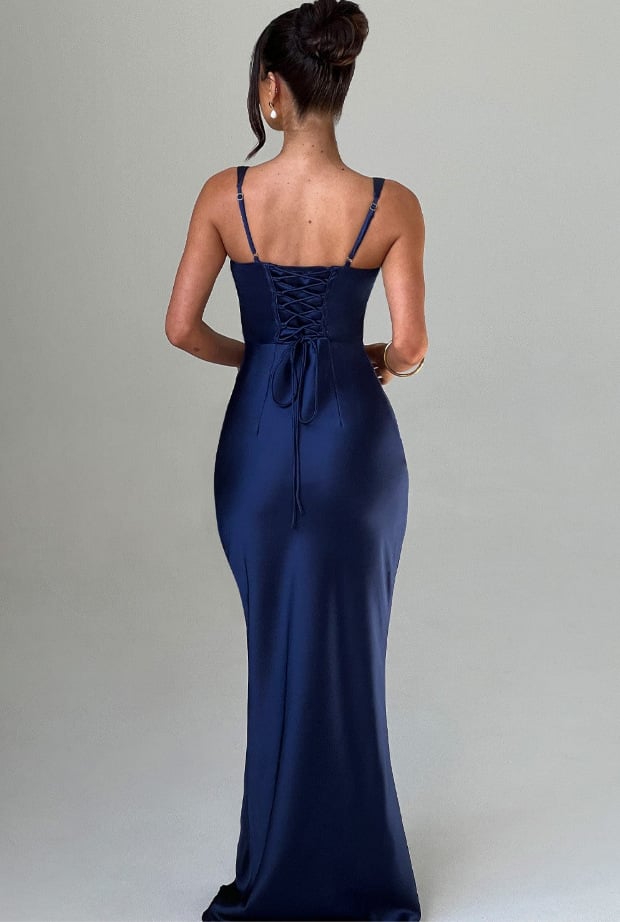 V-Neck Fishbone Satin Slip MAXI Dress