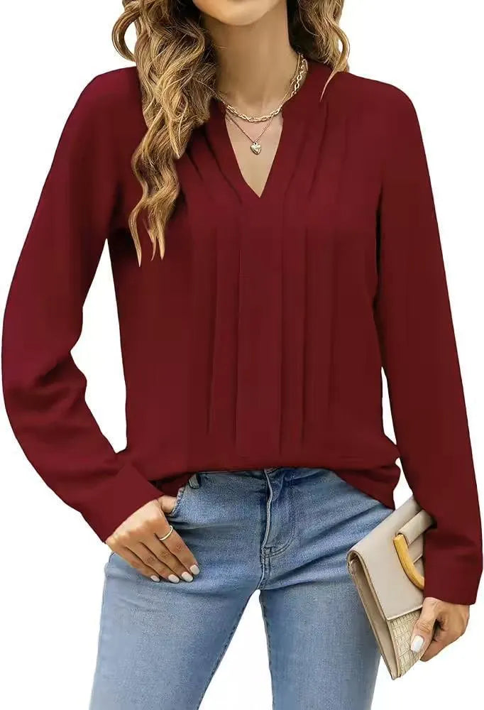 Women's V-Neck Pleated Long Sleeve Top