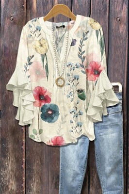 Floral Print Ruffle Bell Sleeve Top
