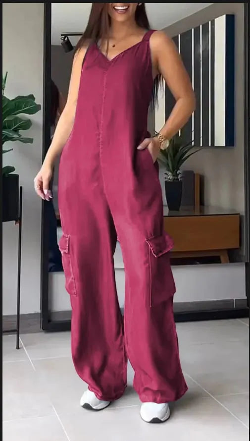 Thin Denim Cargo Pocket V-neck Jumpsuit (Buy 2 Free Shipping)