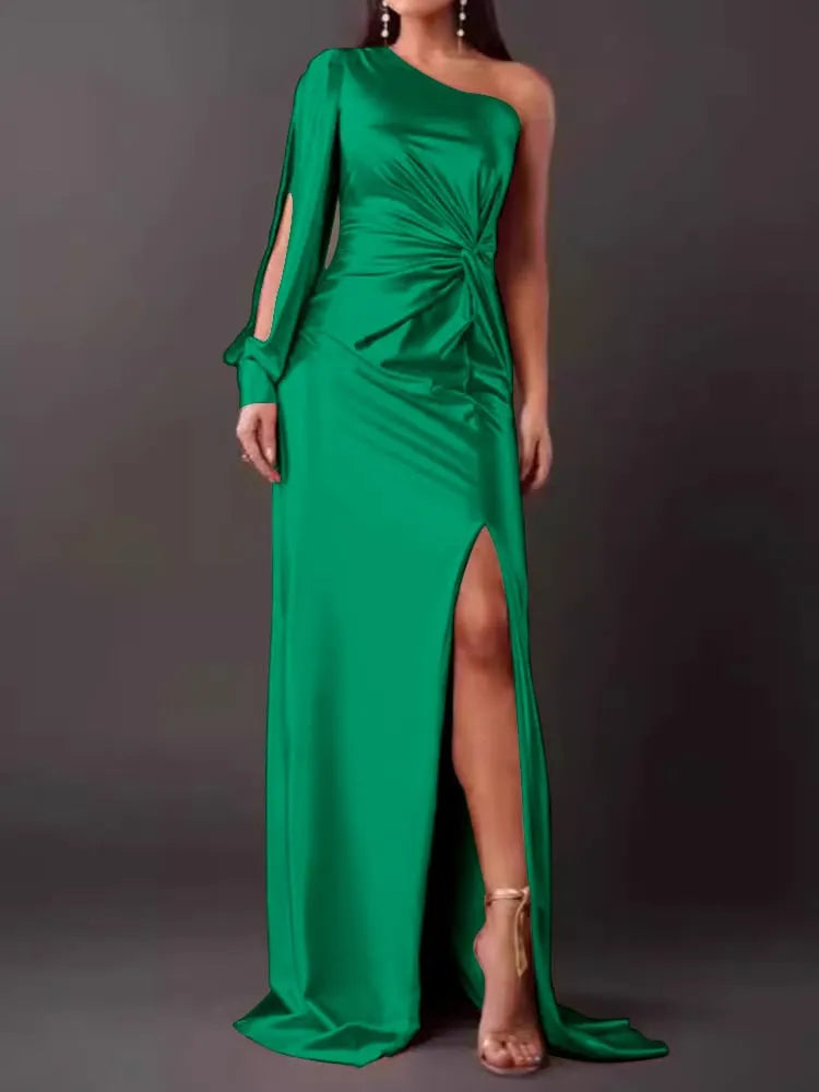 Slanted Collar Ruched Waist & Slit Sexy Long Dress