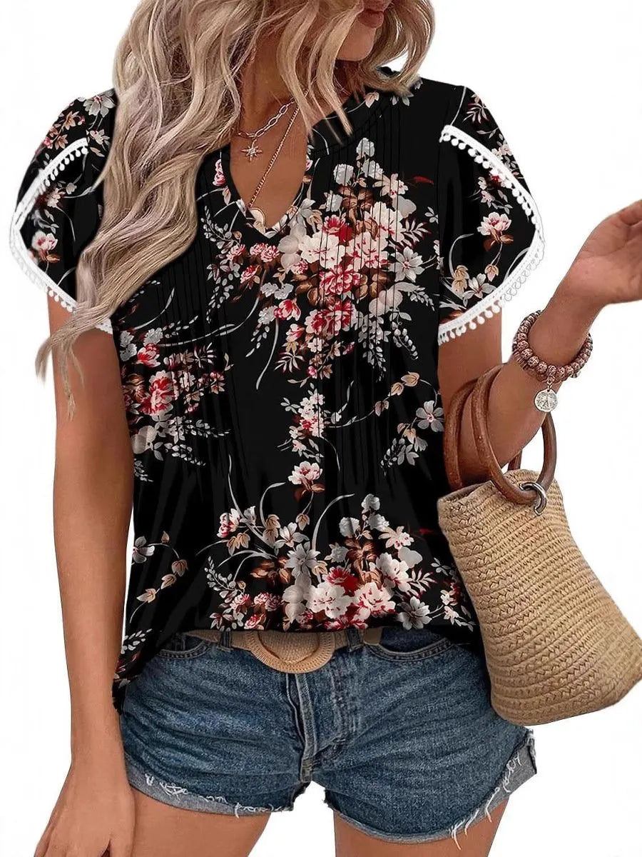 Women's Casual Petal Short Sleeve Printed Tops