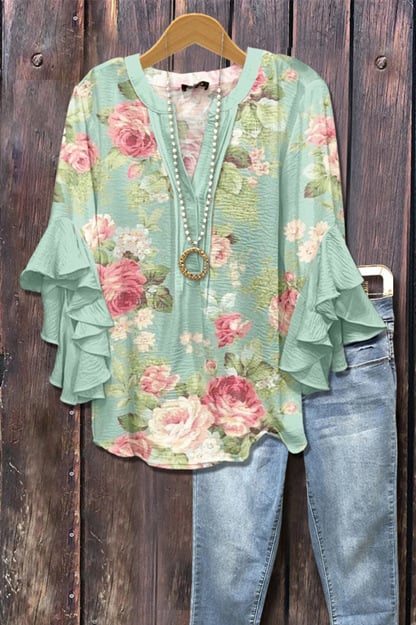 Floral Print Ruffle Bell Sleeve Top