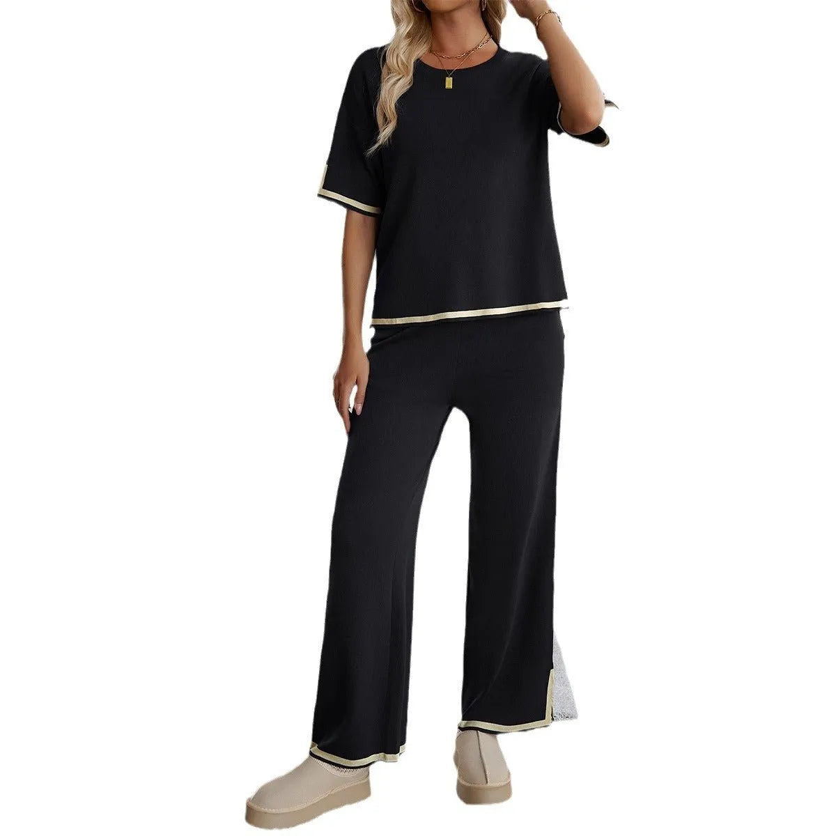 Chic Short Sleeve Knitted Pants Set