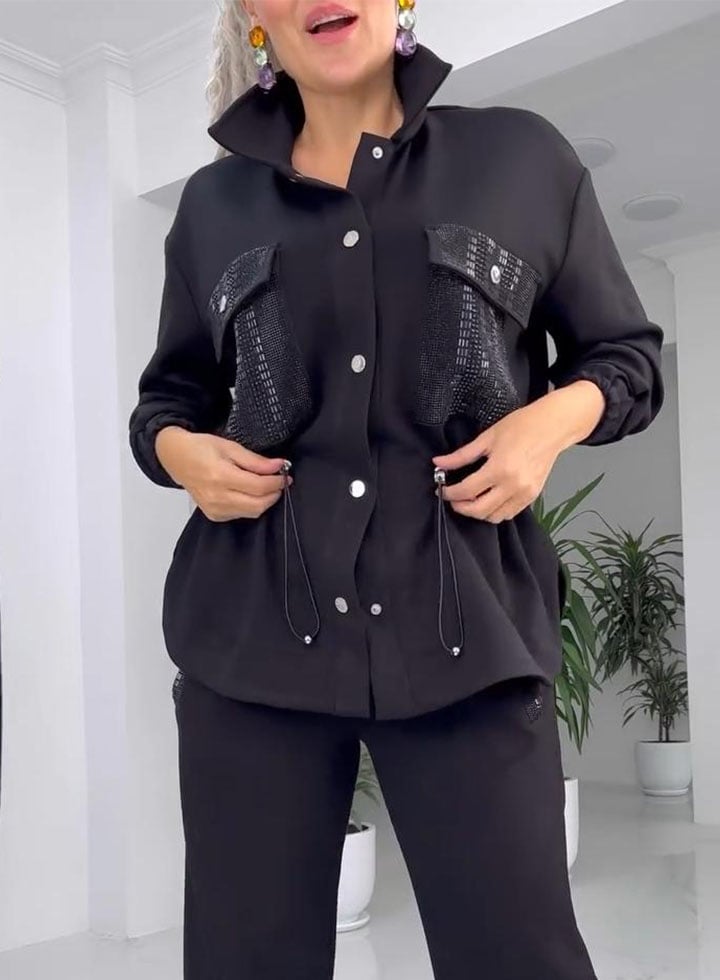 Women's solid color pocket hot diamond waist set