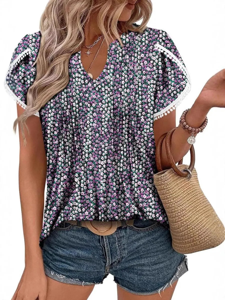 Women's Casual Petal Short Sleeve Printed Tops