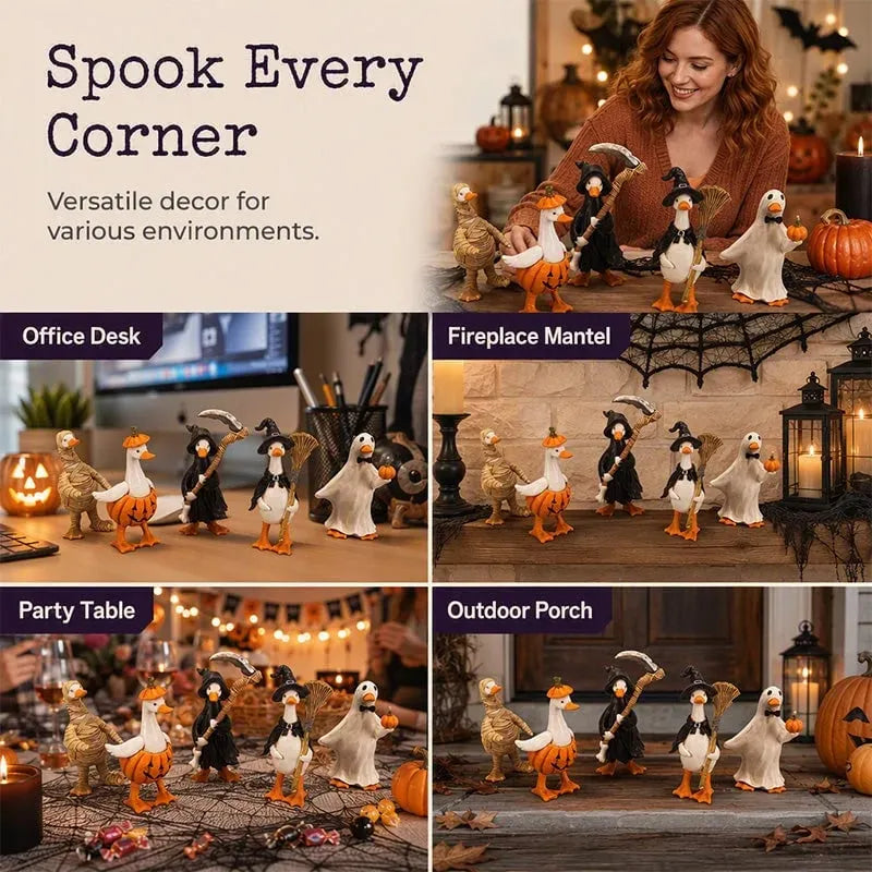 🔥 HOT SALE 🔥🎃BORING HALLOWEEN DECOR?🎃 Spooky Duck Set – Hand-Painted, 5 Characters, Weather-Resistant – For Shelves, Desks & Outdoors! 🦇