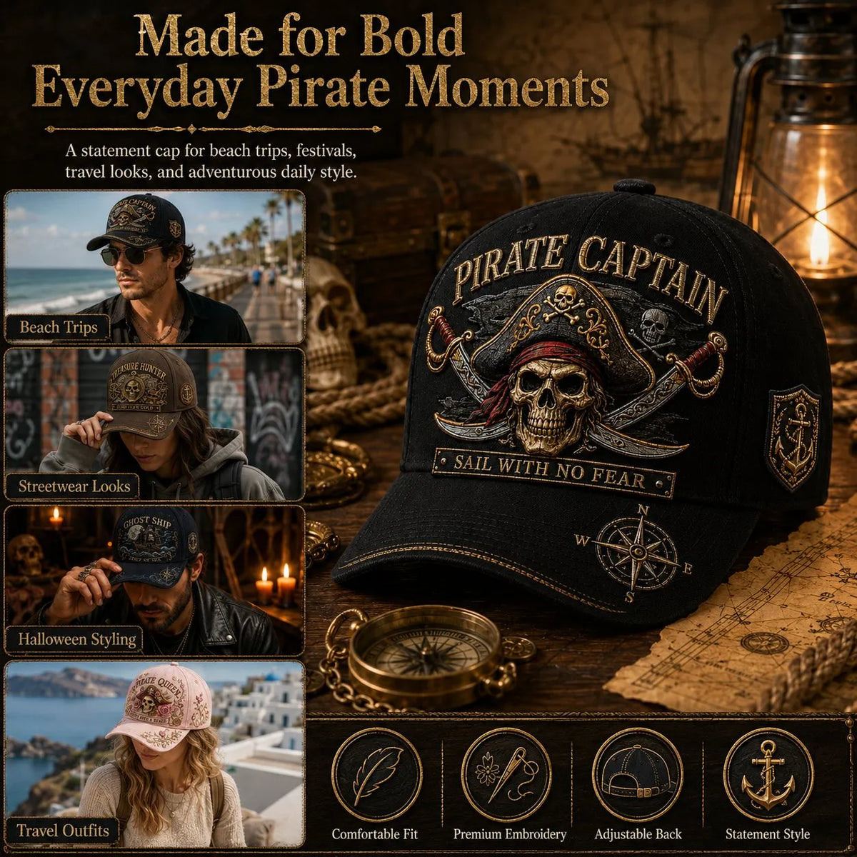 🏴‍☠️ Pirate Legend Embroidered Baseball Cap | Vintage Nautical Skull Adjustable Hat for Halloween, Travel & Everyday Wear