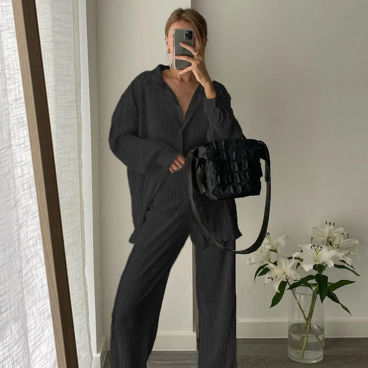 Oversized Leisure Pleat Pockets Two Piece Pants Set