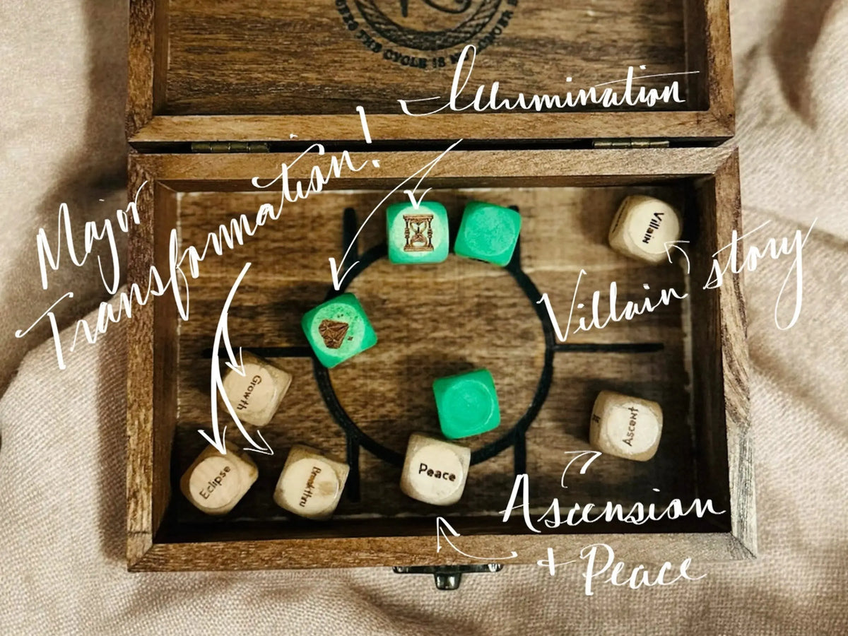🎉🔮🎲Arcane Divination Dice Set – Engraved Wooden Box, Oracle Dice for Tarot Ritual, Handcrafted Intuition Amplifier