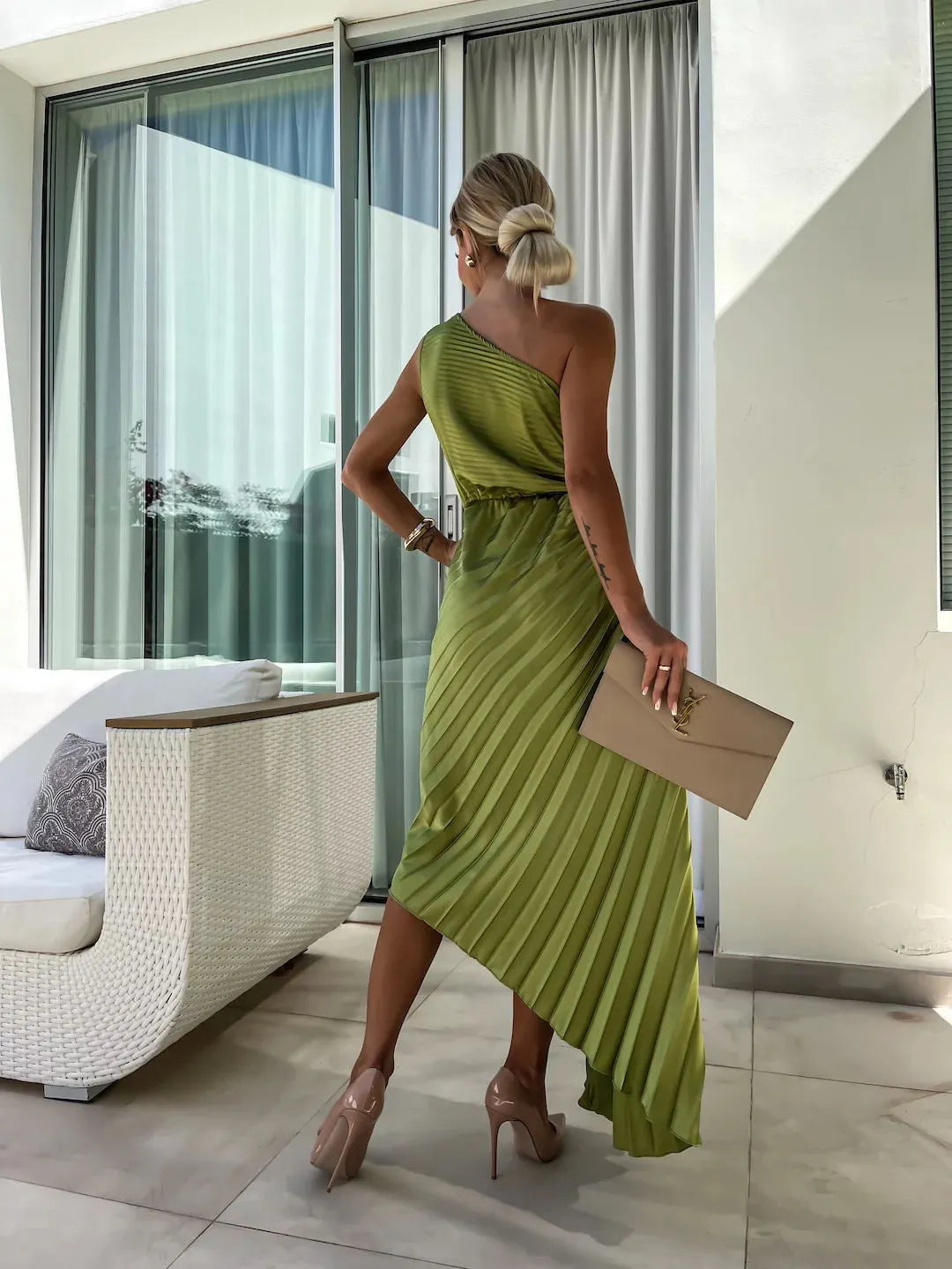 Romantic Nights Satin Raised Flower Elastic Cutout One Shoulder Pleated Maxi Dress