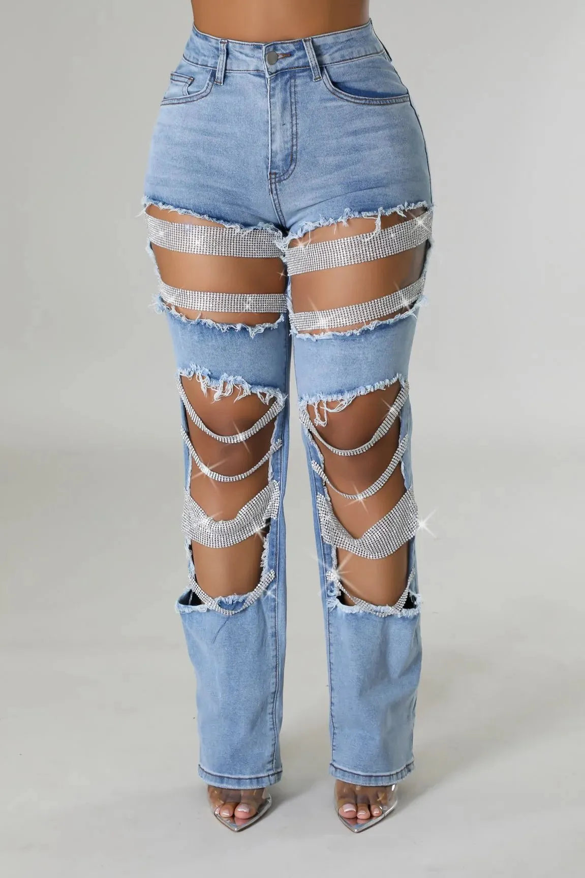 Free Shipping🔥 Stylish Multi-layered Pearl Chain Ripped Pocket Straight Jeans