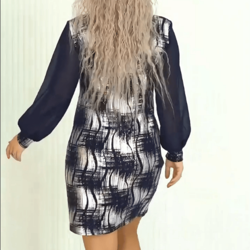 Elegant Dress with Round Neckline, Long Sleeves & Vibrant Scribbles