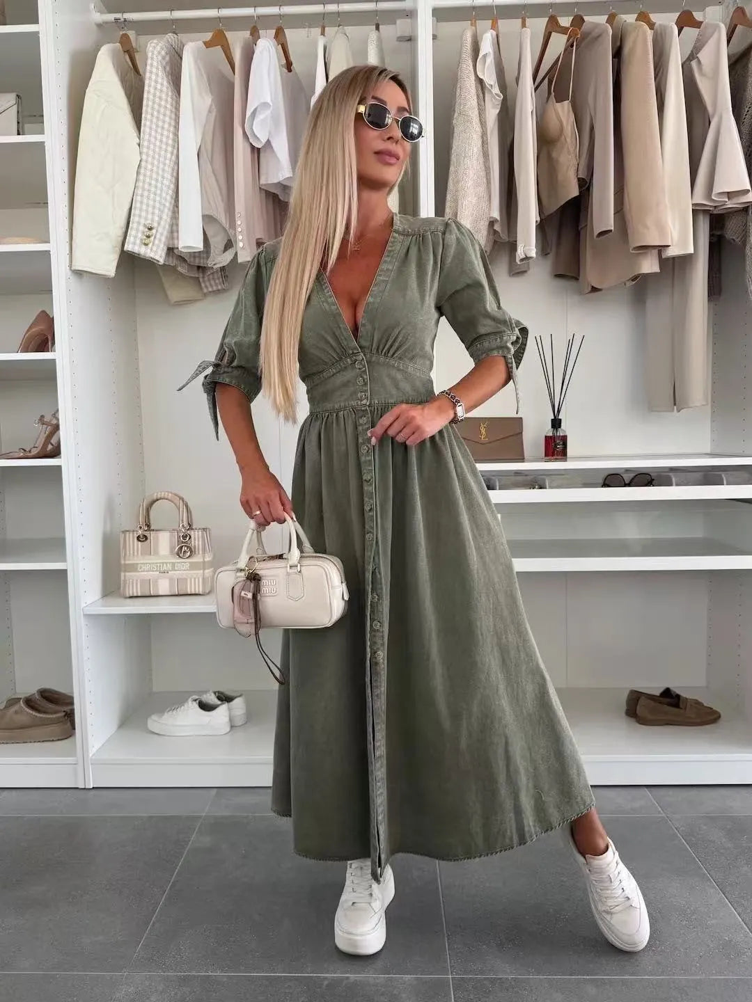 Women's V-Neck Button Down Denim Dress