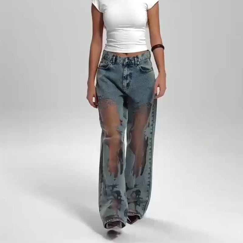 Women's Vintage Mesh Patchwork Printed Jeans