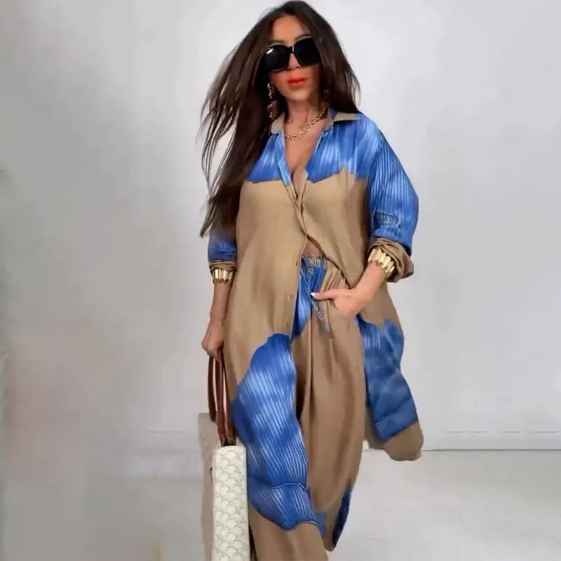 Women's V-Neck Printed Top & Pants Casual Set