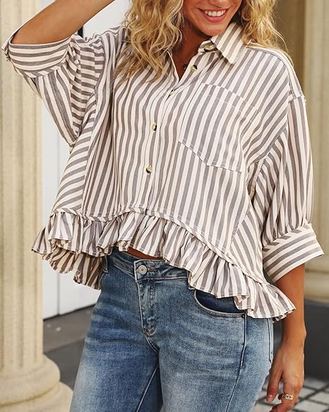 Summer Top🌞 Ruffled Hem 3/4 Sleeve Button-Down Striped Shirt