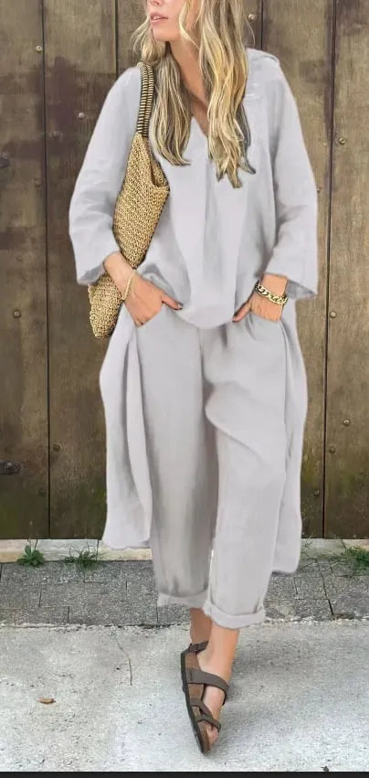 Solid High Low Hem Top & Pants Two-Piece Set