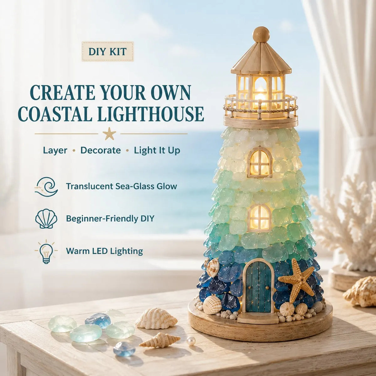 🔥 HOT SALE 🔥⏳ Last Day 49% OFF – 🌊 Beginner-Friendly DIY Lighted Sea Glass-Style Lighthouse Kit Collection | Complete Kit with Sea Glass-Style Pieces, LED Lights & Step-by-Step Guide Included 💕
