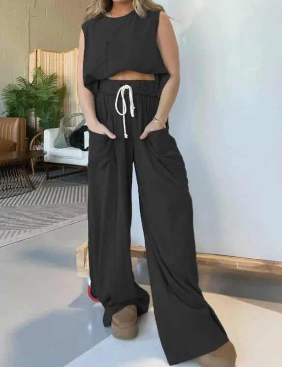 Comfort Tank Top and Elastic Waist Wide Leg Pocket Pants Set