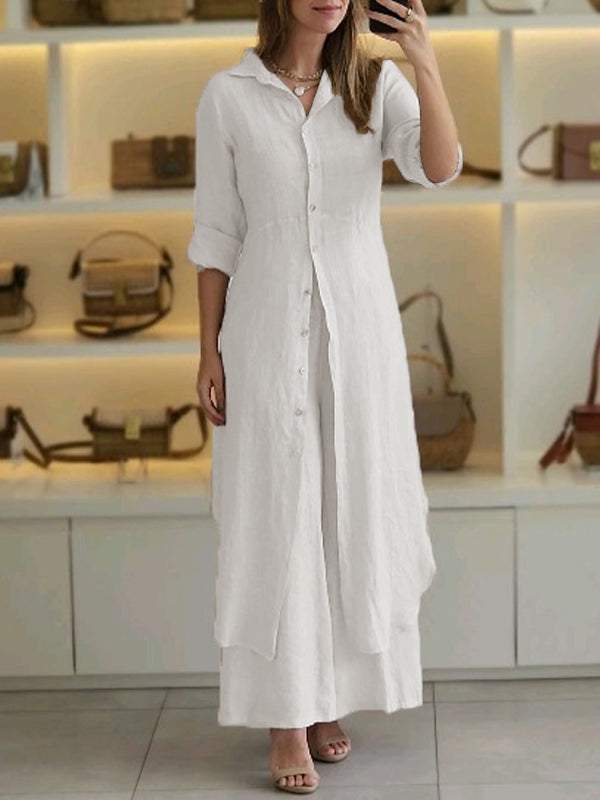 Women Summer Casual Linen Set Elegant Long Sleeve Two-piece Pant Suits