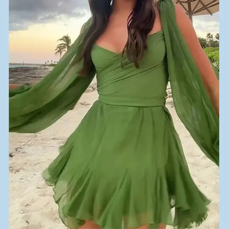 Sexy Spice Hollow Lantern sleeve V-neck off the shoulder dress