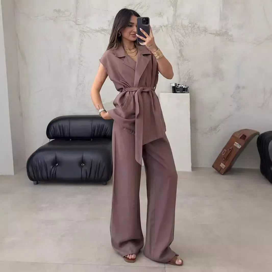 Women's Sleeveless Lapel Top High Waisted Pants 2-Piece Set