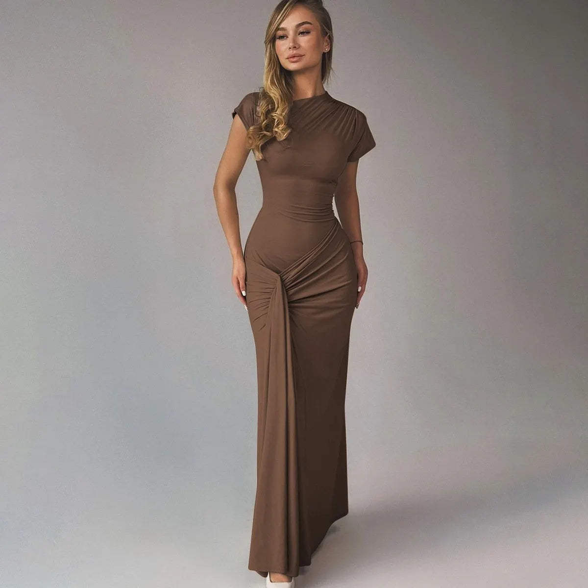 Slim-Fit Pleated Tie Waist Short Sleeve Dress