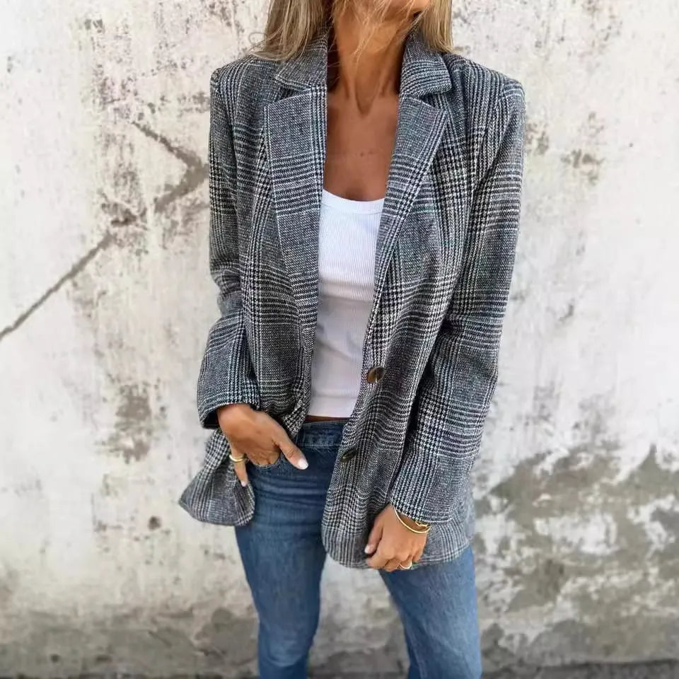 Stylish Retro Houndstooth Lapel Casual Blazer