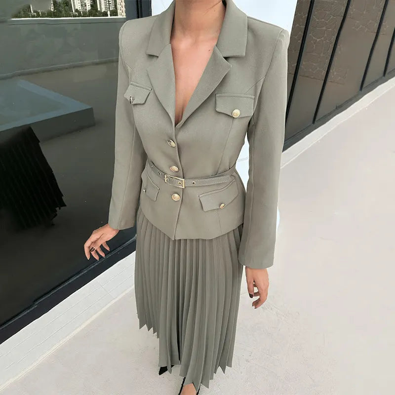 🔥Hot sale🔥Women's Blazer with Lapels and Maxi Pleated Skirt, 2-Piece Set with Matching Belt(🚛Free shipping)