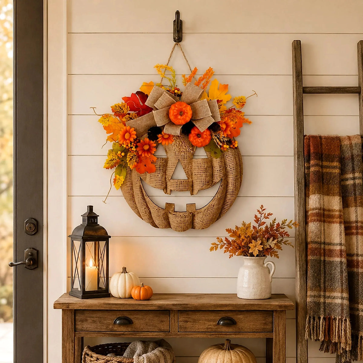 🔥HOT SALE🔥🎃✨ Lighted Burlap Pumpkin Wreath