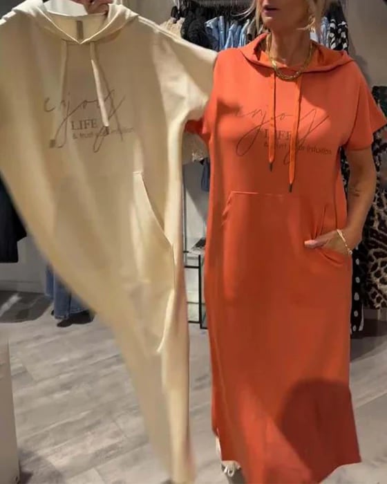 Solid Color Short Sleeve Hoodie Pocket Dress for Women