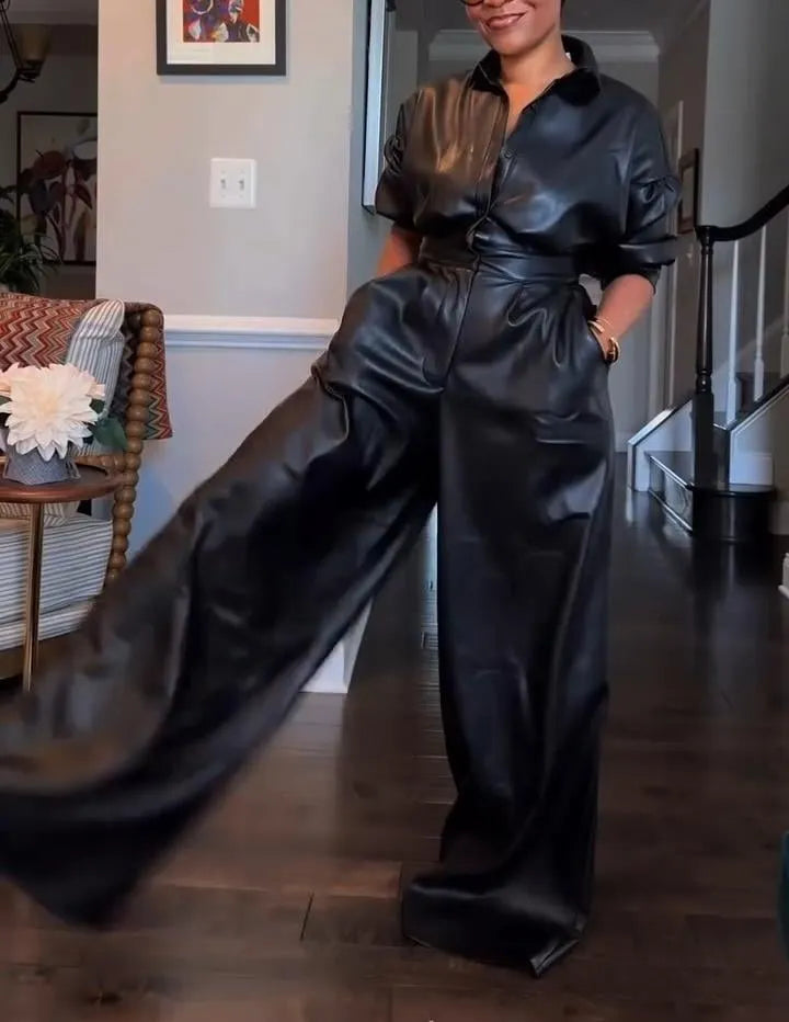 Black Leather Buttoned Pocket Jumpsuit (FREE SHIPPING)