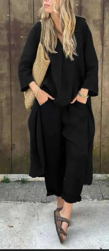 Solid High Low Hem Top & Pants Two-Piece Set
