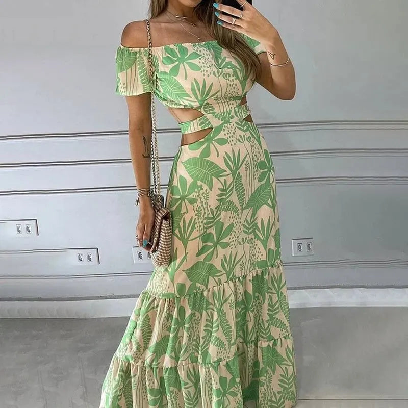🔥Big sale - Off-the-shoulder Printed Cutout Lace-up Dress