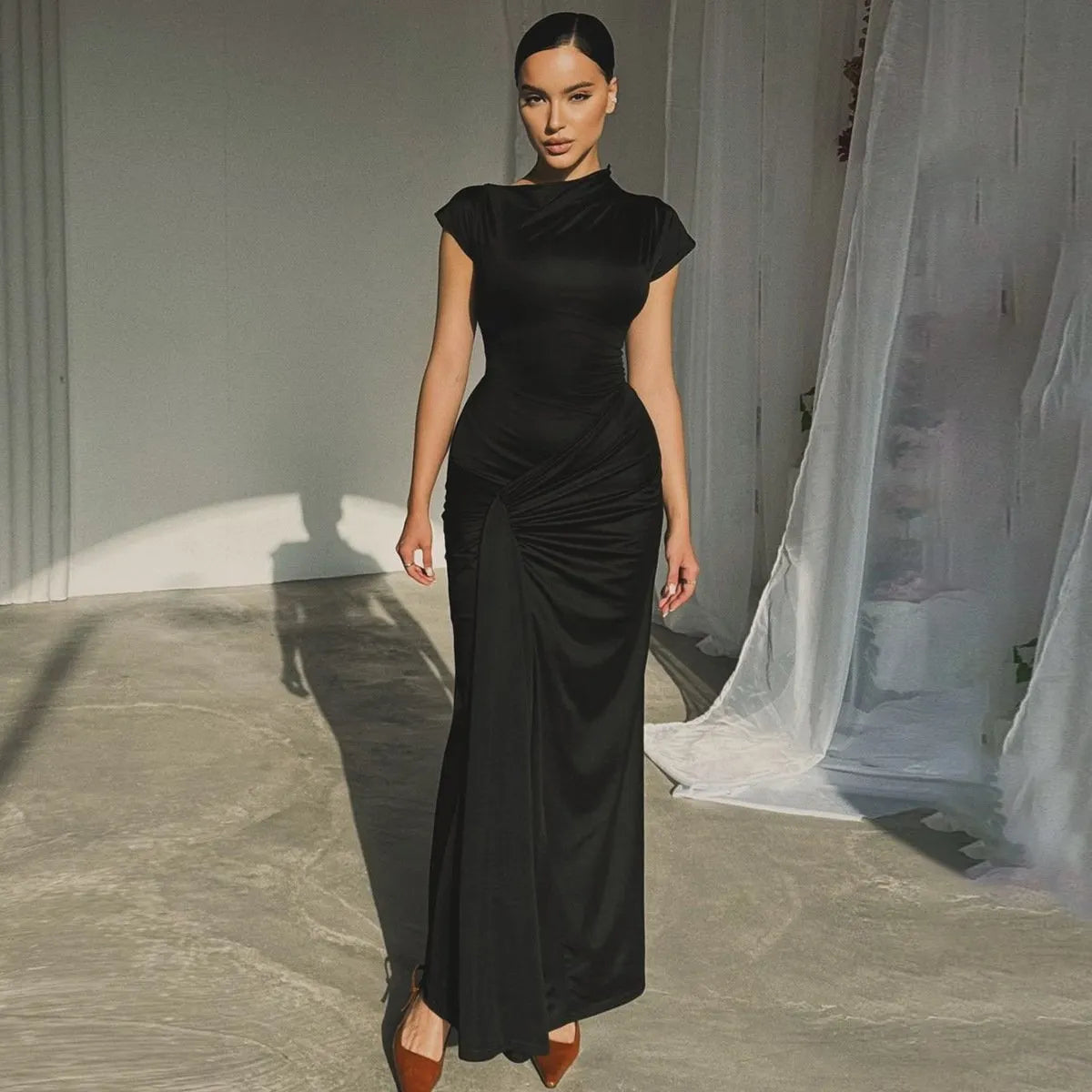 Slim-Fit Pleated Tie Waist Short Sleeve Dress