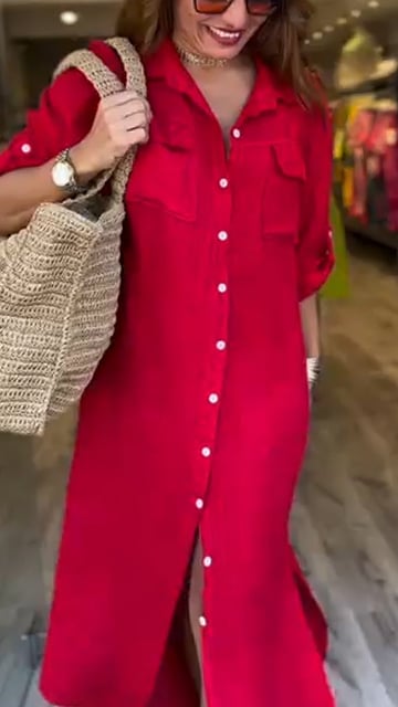 Solid Color Button Down Slit Loose Casual Shirt Dress
