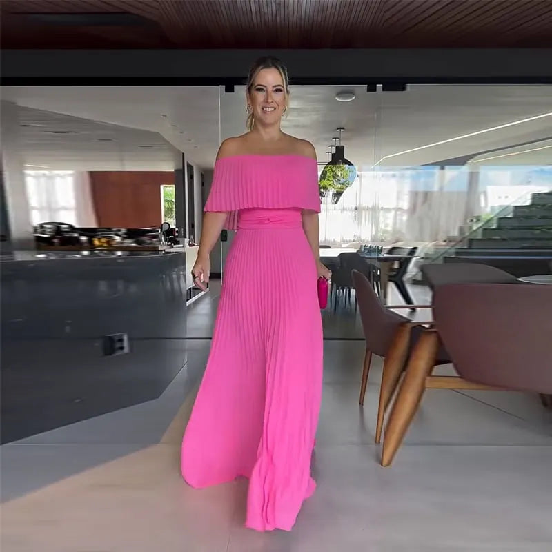 Women's News Pleated Flat shoulder sleeves Waist-Cinching Dress