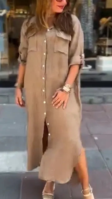 Solid Color Button Down Slit Loose Casual Shirt Dress