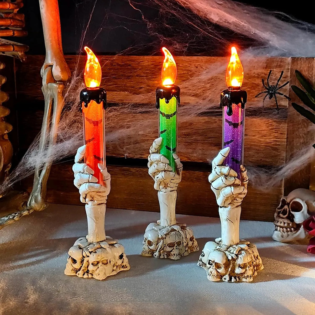 🕯️3 Pack Halloween LED Skeleton Hand Candle Holders, Flickering Flameless Skull Candles with Amber Light for Indoor Outdoor Halloween Decorations