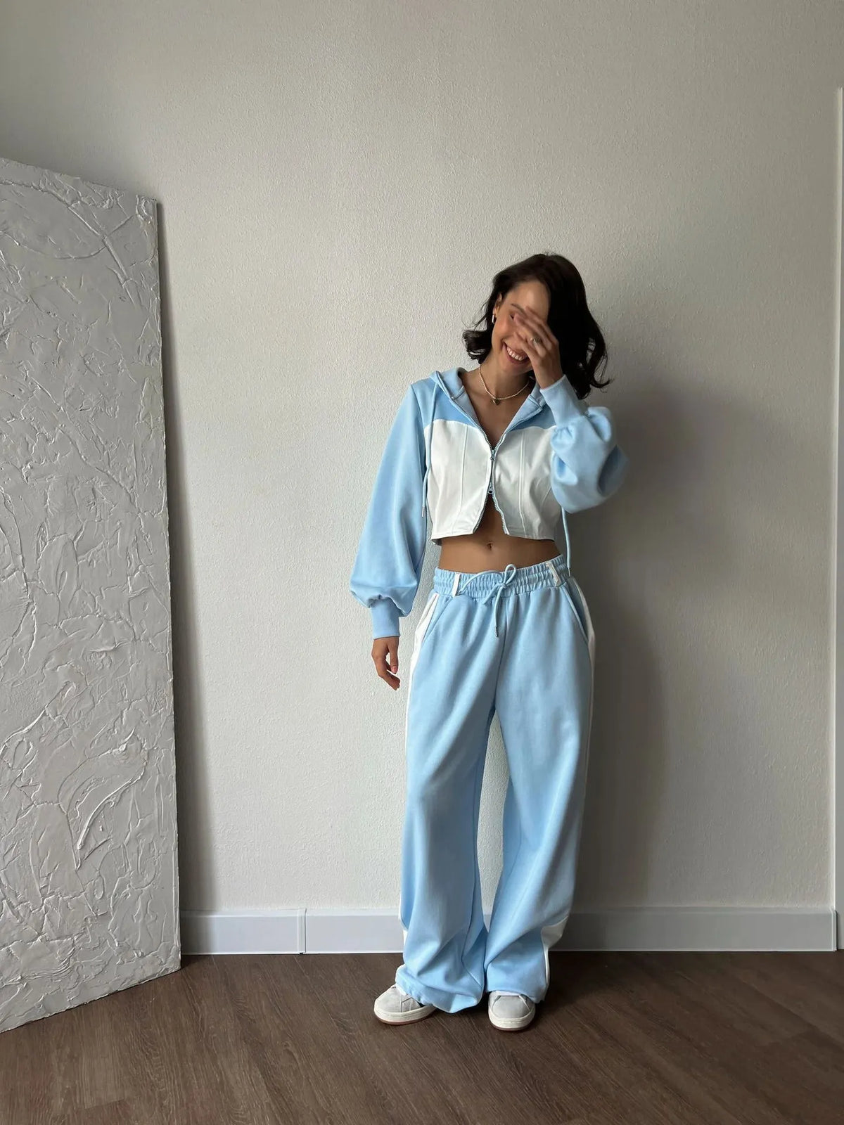 Women's Hooded Denim Patchwork Sweatshirt Two-piece Set