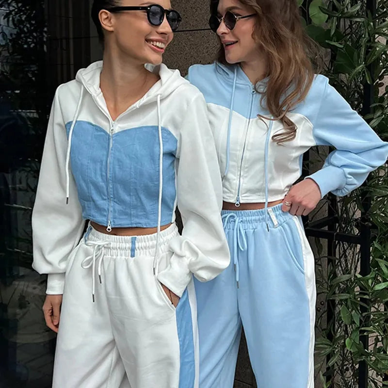 Women's Hooded Denim Patchwork Sweatshirt Two-piece Set