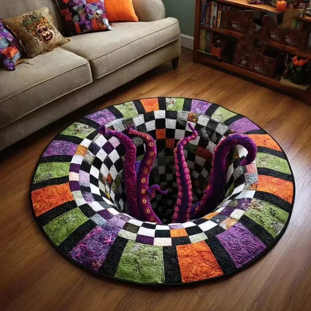 🎉 🎃3D Skeleton Vortex Quilted Round Halloween Rug