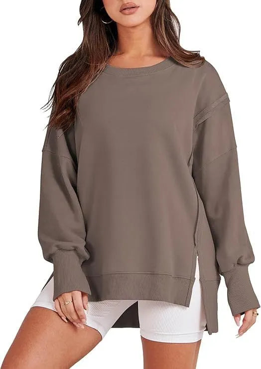 Oversized Crew Neck Sweatshirt Slit Pullover (Buy 2 Free Shiping)