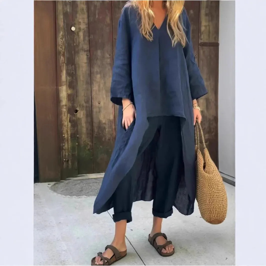 Women’s Summer Loose 2-Piece Set with V-Neck and Pockets