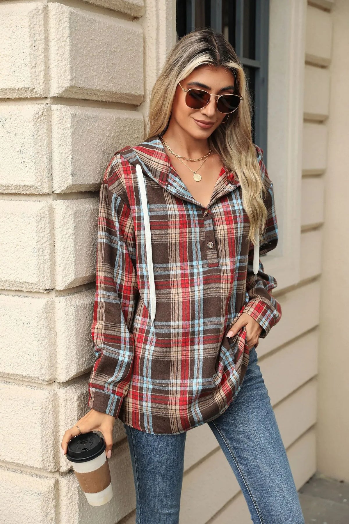Women Autumn Winter Loose Long Sleeve Hooded Button Plaid Coat