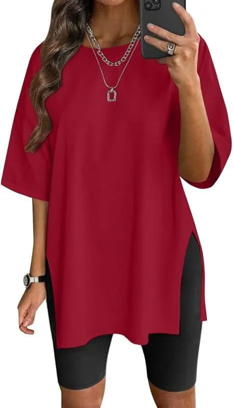 Round neck seven-point sleeve slit casual loose T-shirt💋